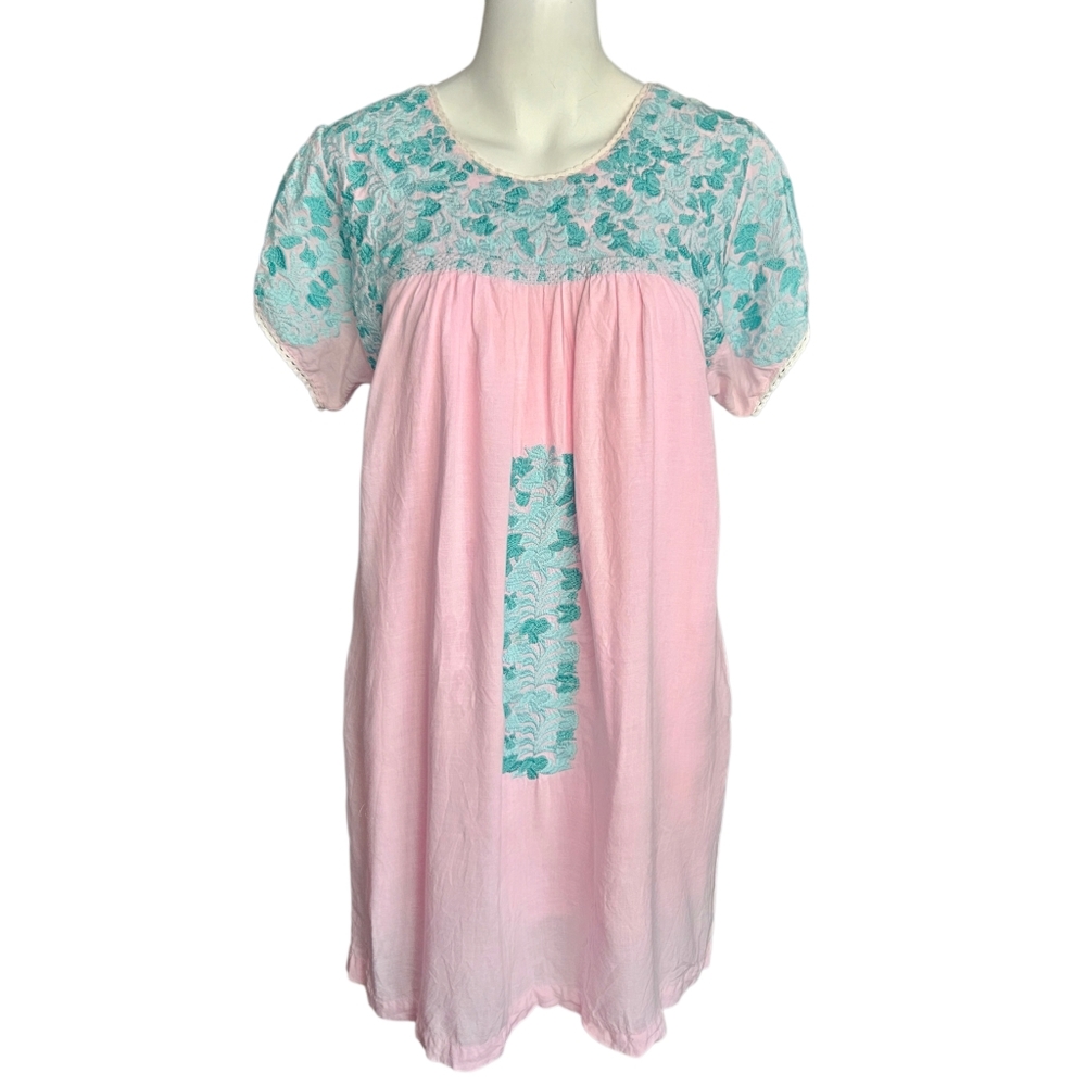 J. Marie Small Pink Embroidered Above The Knee Flutter Sleeve Linen Blend Dress